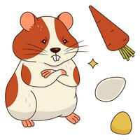 Cute orange and white hamster, carrots, corn kernels, pumpkin seeds. Isolated on a white background. vector