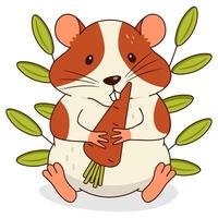 A cute orange and white hamster is gnawing on a carrot in the grass. Isolated on a white background. vector