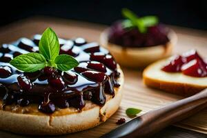 a pastry with chocolate sauce and cherries. AI-Generated photo