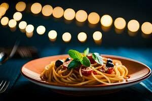 spaghetti with tomato sauce and olives on a plate. AI-Generated photo