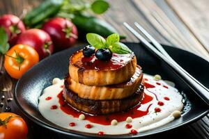 AI generated a plate with a stack of pancakes and sauce photo