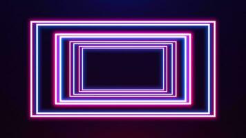 Neon glowing square tunnel with fast moving light lines. Background futuristic corridor with neon lights. Seamless loop 3d rendering, modern neon light video