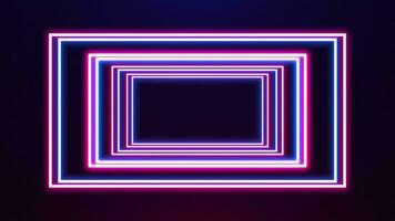 Neon glowing square tunnel with fast moving light lines. Background futuristic corridor with neon lights. Seamless loop 3d rendering, modern neon light video