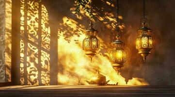 AI generated 3 gold hanging lanterns on the wall next to a table photo