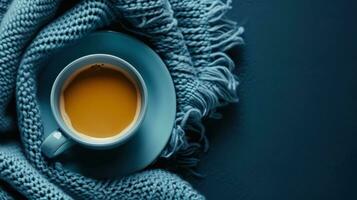 AI generated a cup of coffee sits in an empty cup, blanket, and saucer, photo