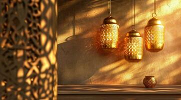 AI generated 3 gold hanging lanterns on the wall next to a table photo