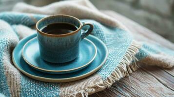 AI generated a cup of coffee sits in an empty cup, blanket, and saucer, photo
