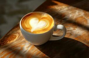 AI generated heart latte on wood background photo