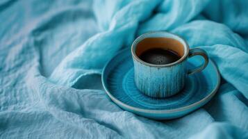 AI generated a cup of coffee sits in an empty cup, blanket, and saucer, photo