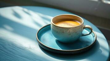 AI generated a cup of coffee sits in an empty cup, blanket, and saucer, photo