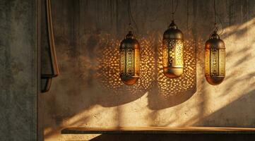 AI generated 3 gold hanging lanterns on the wall next to a table photo