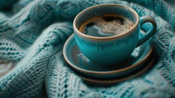AI generated a cup of coffee sits in an empty cup, blanket, and saucer, photo