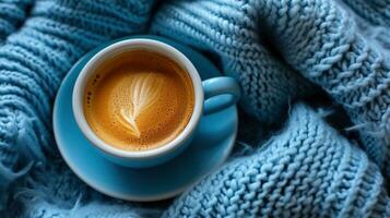 AI generated a cup of coffee sits in an empty cup, blanket, and saucer, photo