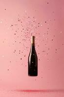 AI generated a bottle of wine is flying in the air on a pink background photo