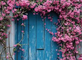 ai generado un azul puerta es cubierto con rosado flores foto