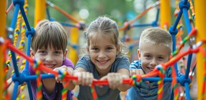 AI generated 3 kids in the colorful playground posing photo