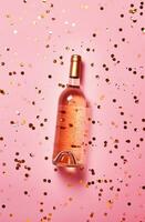 AI generated a bottle of wine is flying in the air on a pink background photo