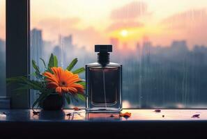 AI generated a bottle of perfume with an orange flower next to a window photo