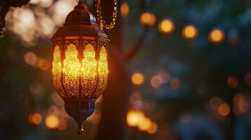 ai generado un tradicional árabe linterna iluminado por vela ligero es en fuego en frente de el Dom foto