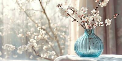 AI generated a blue vase with cherry blossoms sits on top of a table photo