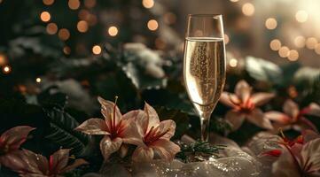 ai generado un vaso de champán es en frente de algunos flores y Navidad decoraciones en un cama foto