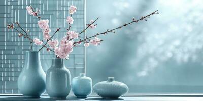 AI generated a blue vase with cherry blossoms sits on top of a table photo