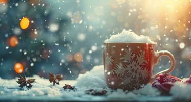 AI generated a coffee cup with a snowflake sleeve in it photo