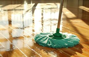 ai generado limpiar piso en un de madera piso con verde fregona foto