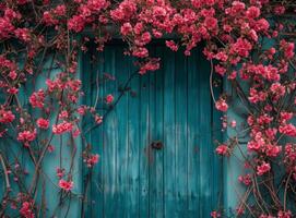 ai generado un azul puerta es cubierto con rosado flores foto