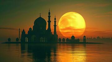 AI generated a mosque sitting under a moon that offers a view of the sunset photo