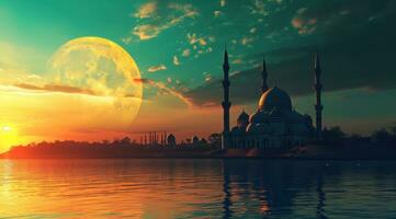 AI generated a mosque sitting under a moon that offers a view of the sunset photo