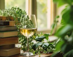 AI generated a glass of wine sits next to books and plants photo