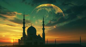 AI generated a mosque sitting under a moon that offers a view of the sunset photo