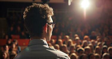 AI generated a man in glasses and a beard in front of a crowd photo