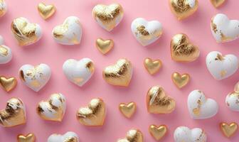 AI generated a pink background filled with golden and white coloured hearts photo