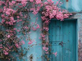 ai generado un azul puerta es cubierto con rosado flores foto