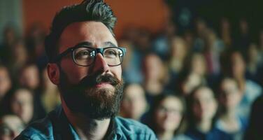 AI generated a man in glasses and a beard in front of a crowd photo