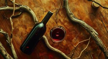 ai generado un botella de rojo vino y vaso en un de madera superficie foto