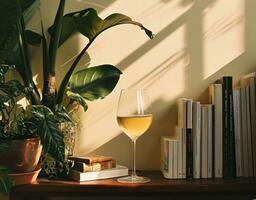 ai generado un vaso de vino se sienta siguiente a libros y plantas foto