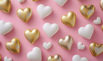 AI generated a pink background filled with golden and white coloured hearts photo