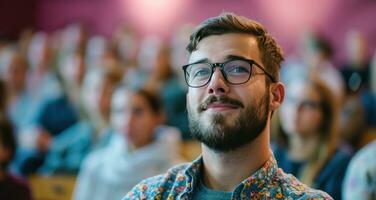 AI generated a man in glasses and a beard in front of a crowd photo