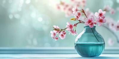 AI generated a blue vase with cherry blossoms sits on top of a table photo