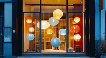 AI generated a small group of colorful paper lanterns sit in the window photo