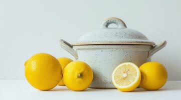 AI generated a pot and lemons next to one another on a white background photo