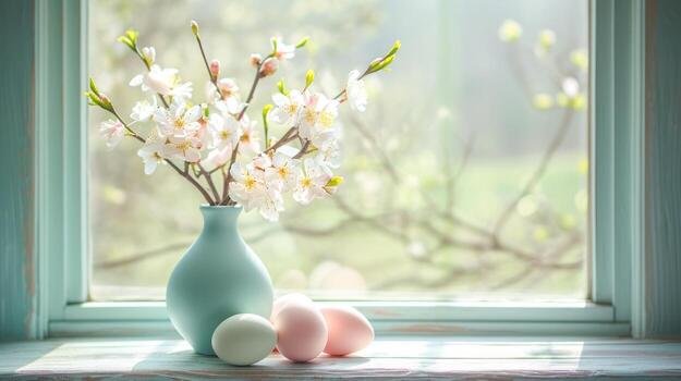 AI generated a vase full of flowers with four easter eggs on a table in front of a window photo