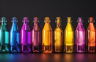 ai generado un fila de diferente de colores botellas en un negro antecedentes foto