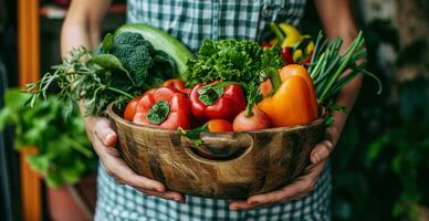 AI generated a woman has a wooden bowl filled up with fresh vegetables photo