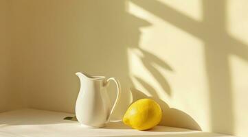 AI generated a white pitcher next to a lemon on a table photo