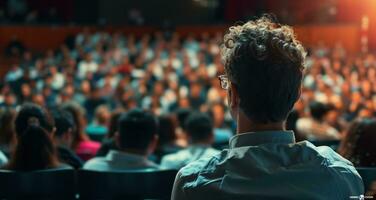 AI generated a man in glasses and a beard in front of a crowd photo