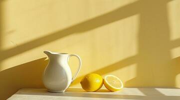 AI generated a white pitcher next to a lemon on a table photo